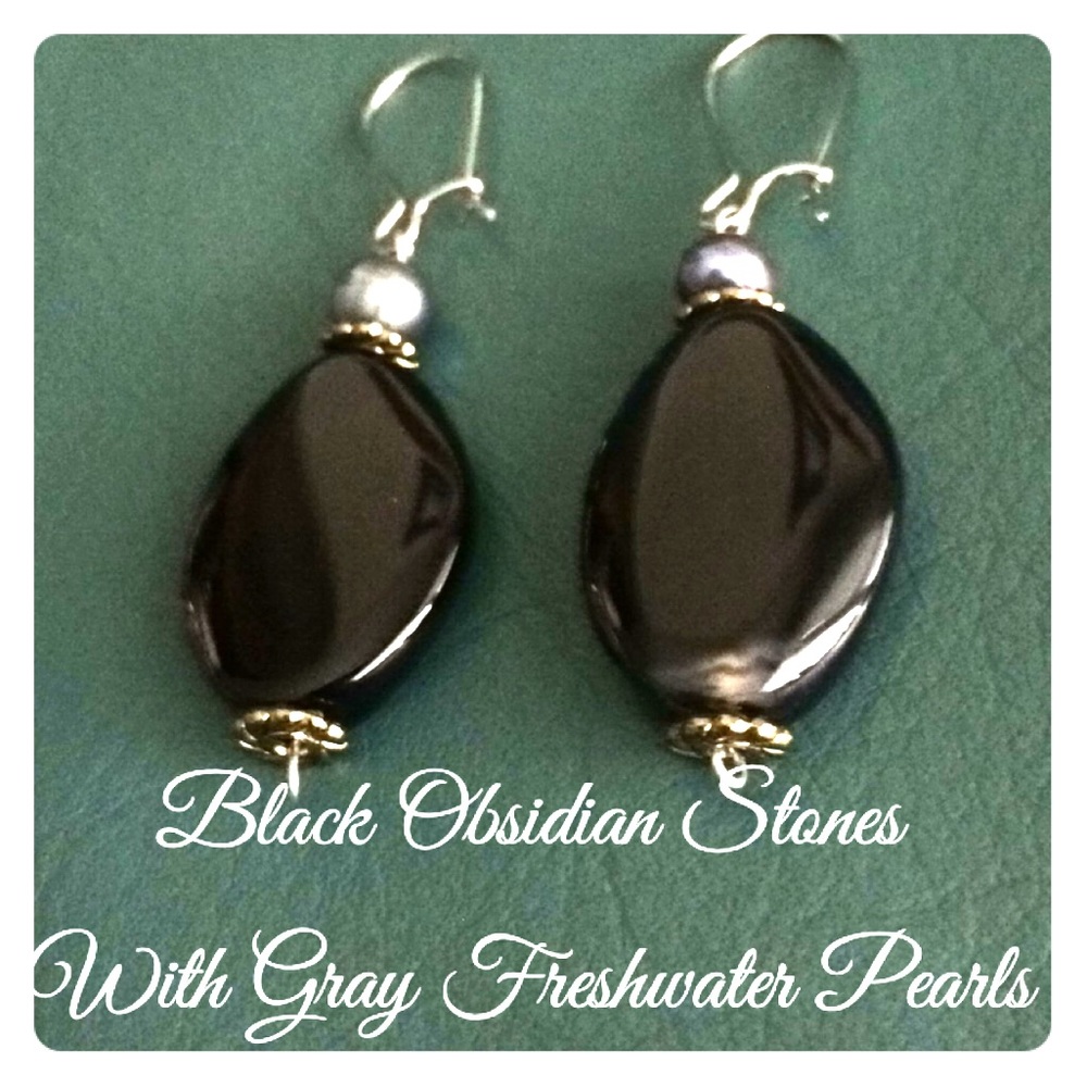 🆕Black Obsidian Earrings w/ Freshwater Pearls⭐️